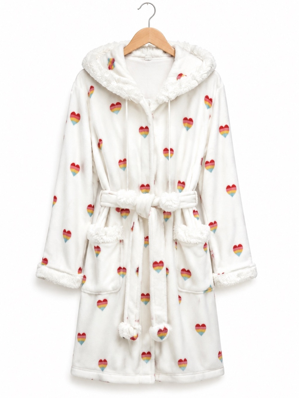 P.J. SALVAGE white plush multicolor heart print robe W hood and Pom poms  XL